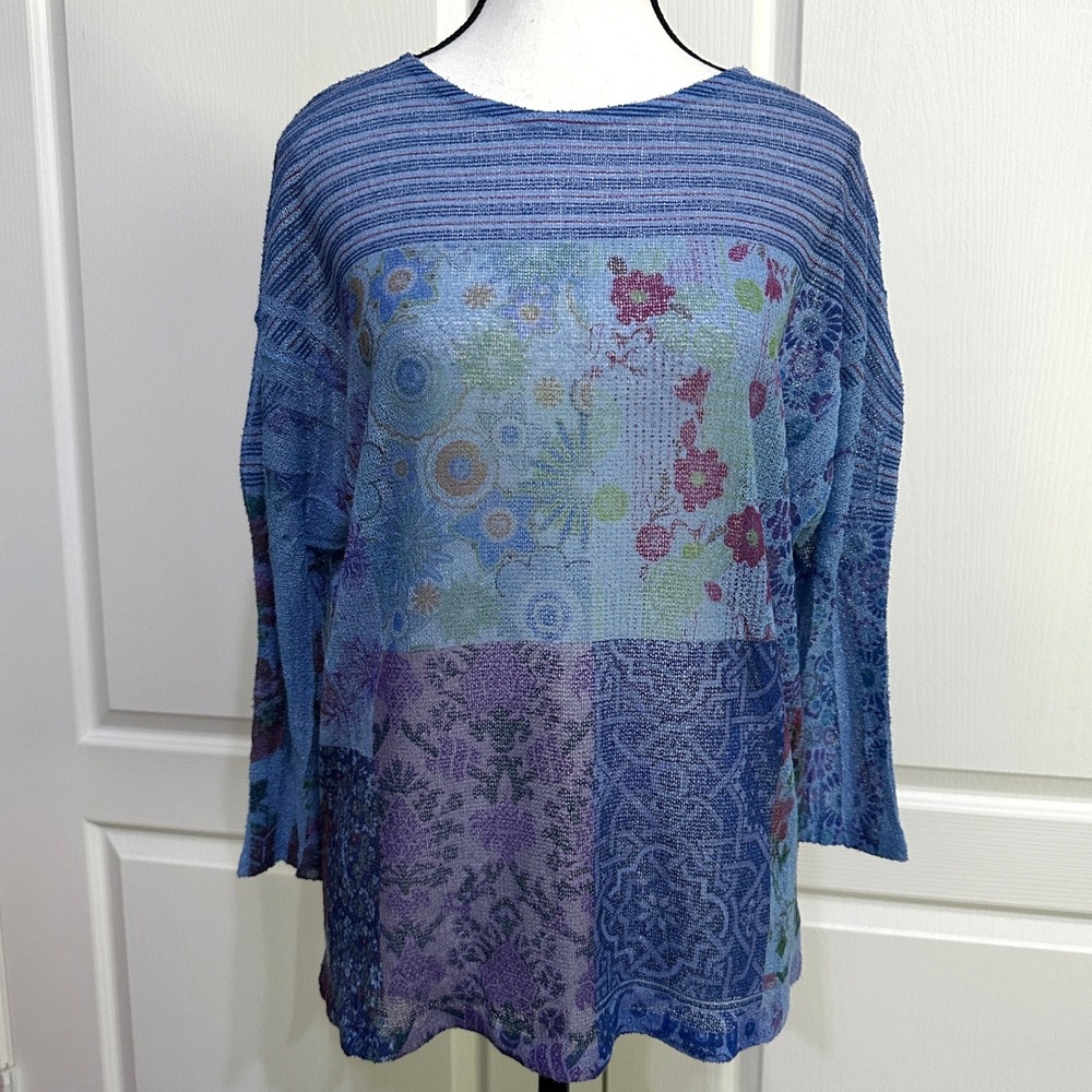 Patchwork‎ Floral Knit Top S Blue Sheer Cottagecore Whimsigoth Boho Art To Wear
